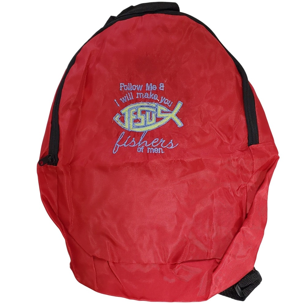 Red Fishers of Men Jesus Fish Embroidered Nylon Backpack Religious Bookbag